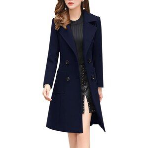 Women's Navy Blue Elegant Notched Collar Double Breasted Wool Blend Over Coat